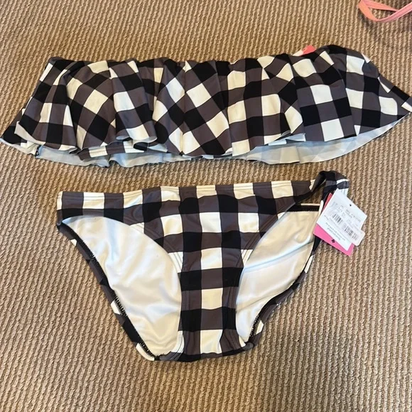 NWT KATE SPADE Black and White Checkered Bandeau ruffle Bikini set - Picture 4 of 10